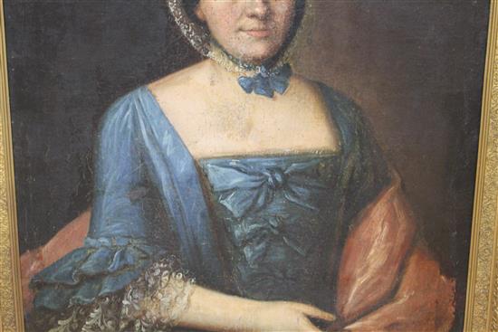 18th century English School, oil on canvas, Portrait of a lady wearing a blue dress, 72 x 62cm